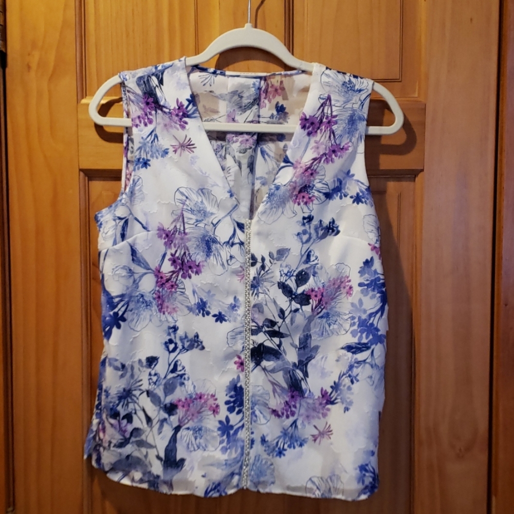 Tahari Texture  Flower Tank with pearl & gemstones Sheer Back